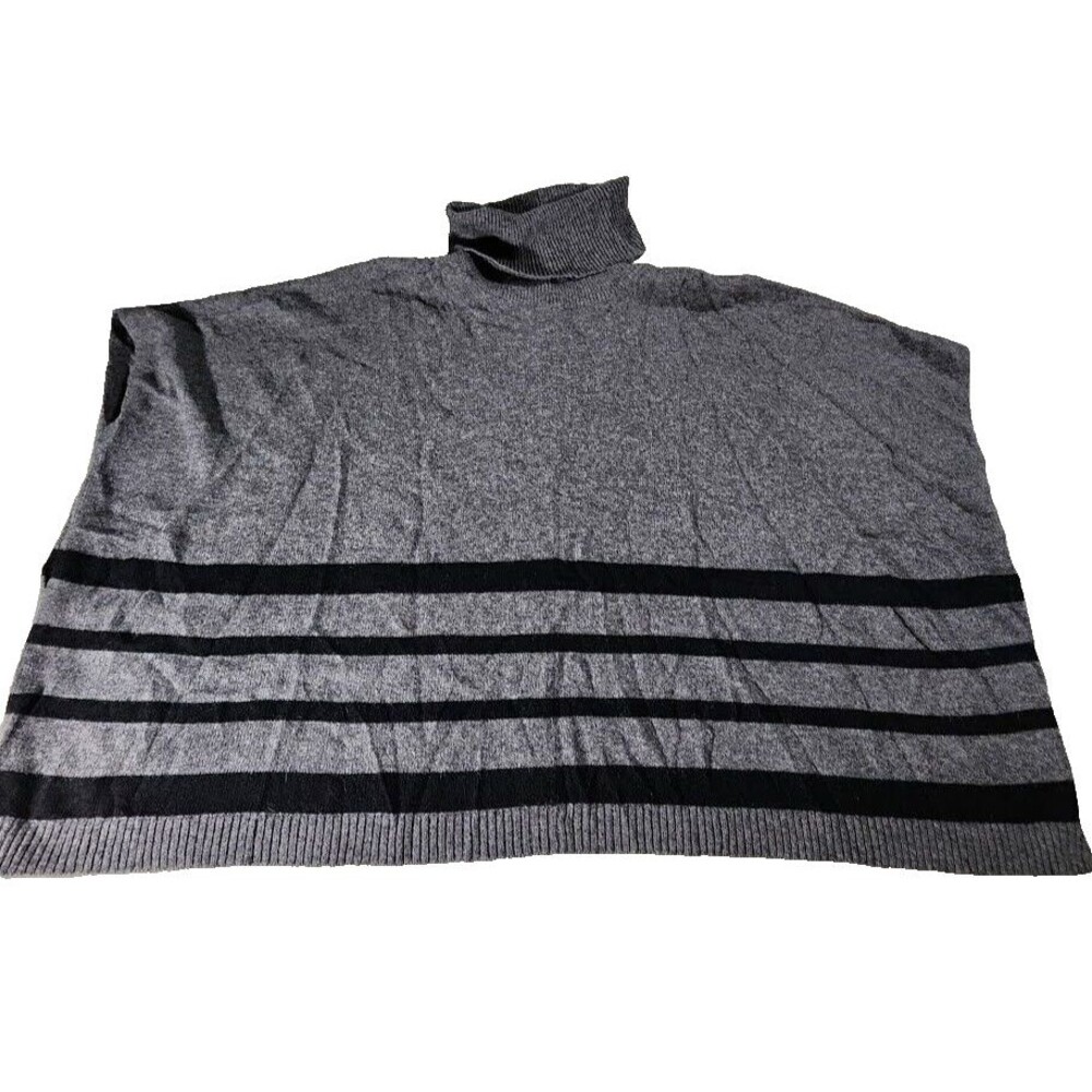 Tahari Women's Cape Poncho Sweater Size Large Grey/Black Stripes Turtleneck Wool